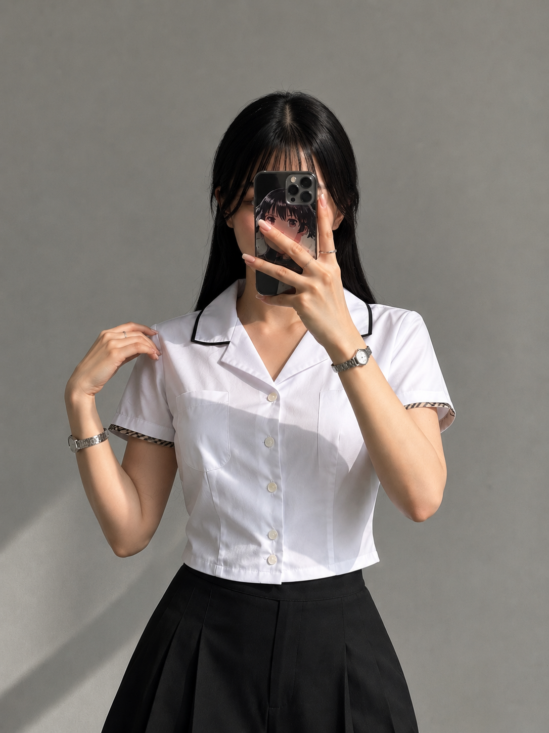 بلوز سفید /یونفرم ژاپنی یقه خط دار